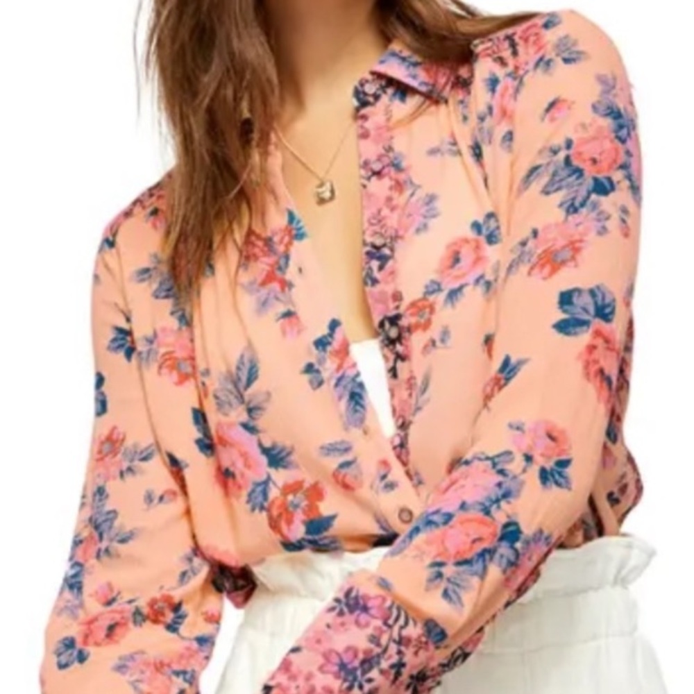 Free People Hold On To Me Button Down Shirt Coral Combo - Picture 15 of 15